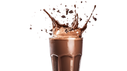 A chocolate drink in a glass with a splash of chocolate powder