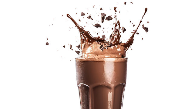 A chocolate drink in a glass with a splash of chocolate powder