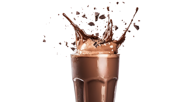 A chocolate drink in a glass with a splash of chocolate powder