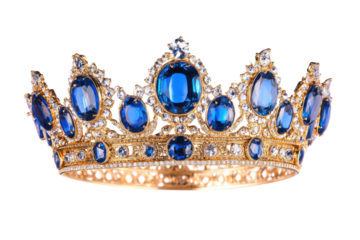 Elegant golden crown adorned with stunning blue gemstones, perfect for royal ceremonies and events isolated on transparent background