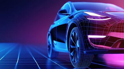 A futuristic car design highlighted with neon colors and wireframe detailing, set against a vibrant, digital backdrop.
