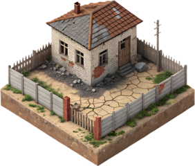 Dilapidated house in slum with broken walls and rusted roof.