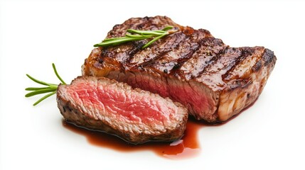 Perfectly Cooked Medium-Rare Steak with Juices on White Background