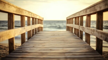 Obraz premium Peaceful Coastal Scene Featuring Wooden Pier and Blurred Sea