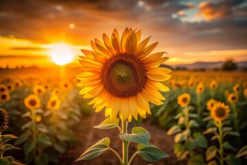 Lonely Sunflower in a Field at Sunset -  Golden Hour Portrait