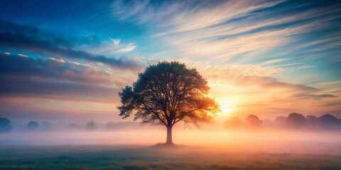 Fototapeta premium Lonely Tree in Foggy Dawn: Double Exposure Landscape Stock Photo