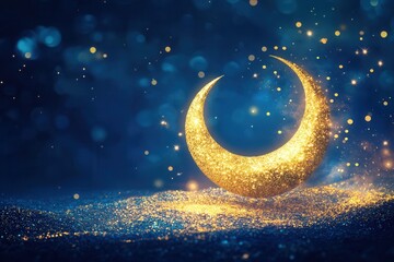 Naklejka premium Golden crescent moon on blue background with gold sparkles representing Eid al-Fitr celebration