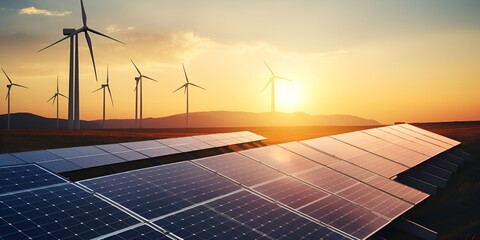 Aerial view of solar panels and wind turbines in an open field during sunset, symbolizing renewable energy for sustainable power generation. bokeh background