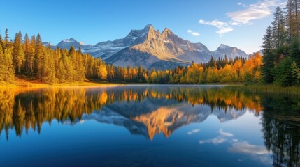 Fototapeta premium A serene alpine lake reflecting a majestic mountain peak at sunrise, with vibrant autumnal forests lining the shores