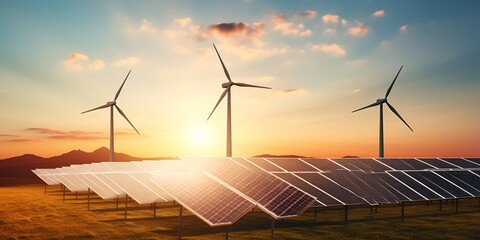 Aerial view of solar panels and wind turbines in an open field during sunset, symbolizing renewable energy for sustainable power generation. bokeh background