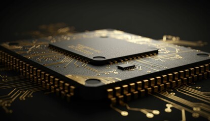 Close-up of microchip with gold circuit on black background showcasing advanced electronics and technology concepts.