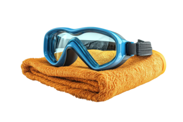 A Refreshing Blue Swimming Goggles Resting On A Warm Orange Towel Ready For A Sunny Day Of Poolside Relaxation And Aquatic Fun Against A Bright Isolated on Transparent Background