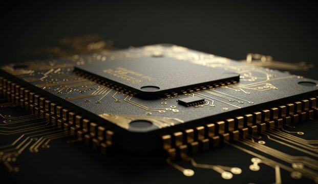 Close-up of microchip with gold circuit on black background showcasing advanced electronics and technology concepts.