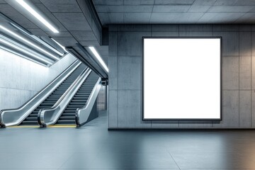 Fototapeta premium Blank Billboard in Subway Station with Escalator for Advertisement Mockup