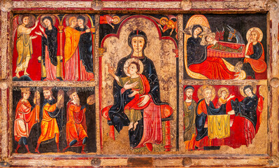 Obraz premium Avia altar, circa 1200, tempera stucco reliefs and remains of corrugated metal sheets on wood, Church of Santa Maria in Avia, MNAC, Barcelona, ​​Catalonia, Spain