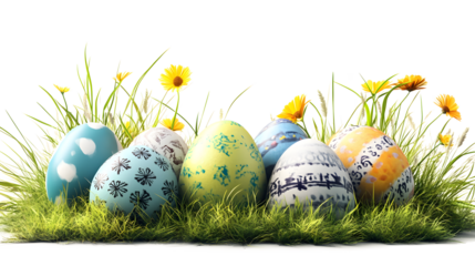 A bunch of eggs are sitting on a grassy field