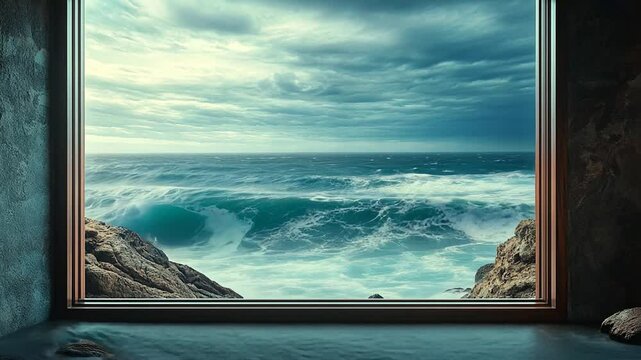 Dramatic Ocean View Through Window Frame with Crashing Waves and Cloudy Skies