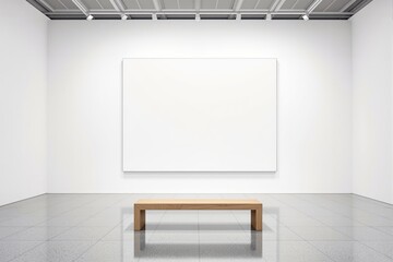 Minimalist gallery interior with blank canvas on white wall, wooden bench in center, and spotlights above on clean tiled floor. Concept of modern design. Ai generative
