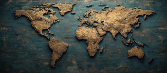 World Map, Vintage Wooden Effect, on Dark Background, Decorative Print