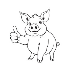Continuous one black line art drawing a pig giving a thumbs up design vector.