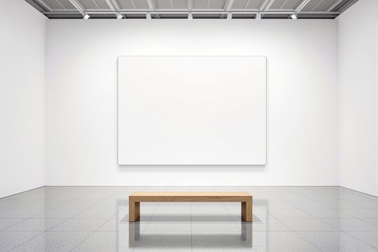 Minimalist gallery interior with blank canvas on white wall, wooden bench in center, and spotlights above on clean tiled floor. Concept of modern design. Ai generative