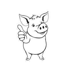 Continuous one black line art drawing a pig giving a thumbs up design vector.