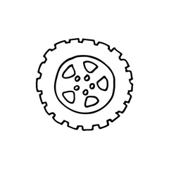 Rugged tire with a wheel rim, hand-drawn car transport vehicle vector element.