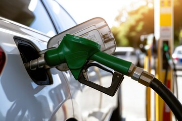 Filling a silver car with green gas pump nozzle at a bustling gas station in bright daylight