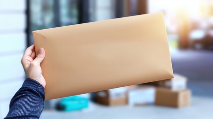 Hand holding a large blank brown envelope isolated against a bright background with packages in the distance
