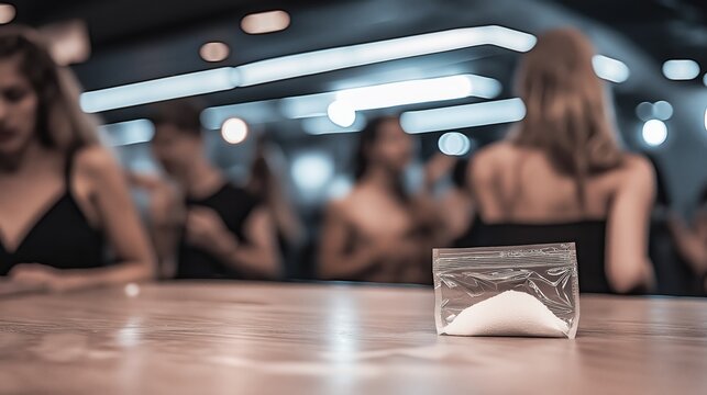 Dimly lit nightclub showcasing nightlife culture and drug use with a focus on ketamine in a party environment