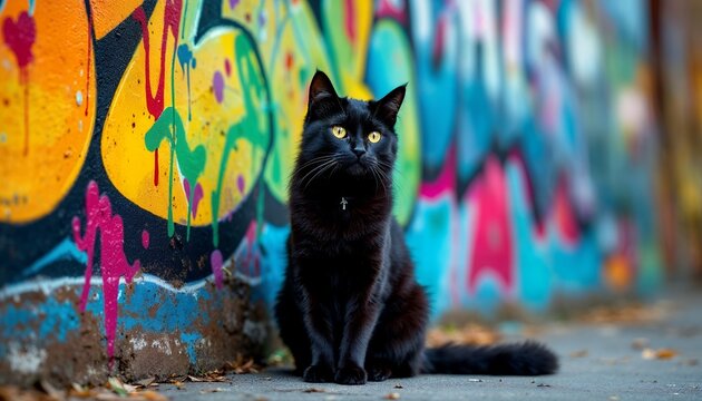 Black Cat Sitting by Colorful Graffiti Wall