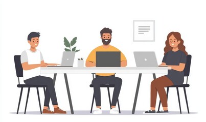 Smart business people working together with laptop while talking in the coworking place