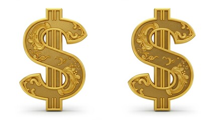 Obraz premium Two ornately decorated golden dollar signs on a clean white background.