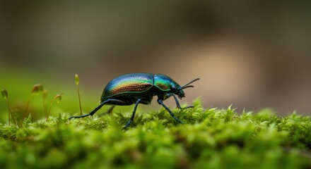 Vibrant beetle crawling on lush green moss in a serene natural setting