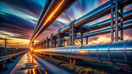 Obraz premium Long Exposure Industrial Pipeline at Night, Glowing Lights, Steel Structure, Energy Transportation