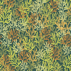 Hand drawn pattern with leaves. Grass field, background, texture