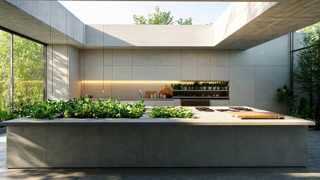Modern Kitchen with Integrated Herb Garden and Skylight