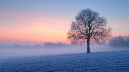 Tranquil Foggy Landscape with Silhouettes of Distant Trees