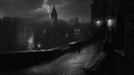 Nocturnal Canal Cityscape: A Monochrome Dream