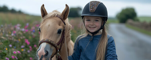 Obraz premium Happy young girl in a riding helmet with her palomino pony. A heartwarming image perfect for equestrian websites, childrens books, or articles about animal companionship and childhood adventures.