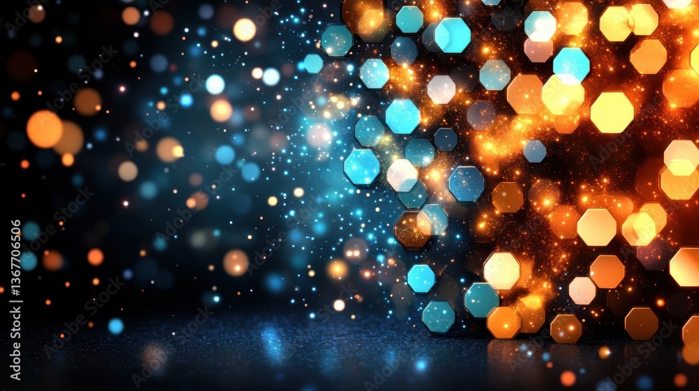 Poster Abstract Colorful Background of Glowing Hexagons and Bokeh Lights