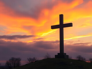 Silhouette of a Cross at Sunset Religious Symbolism, Dramatic Sky, Christian Faith, Hope, Spirituality, Holy Site.