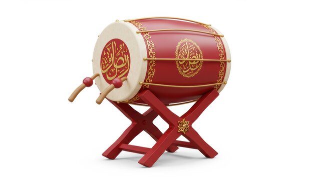 A red bedug drum with Arabic calligraphy stands on a white background.