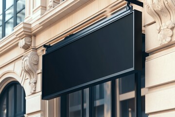 Blank Black Sign Mockup Hanging on Building Exterior for Brand Advertisement
