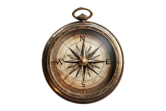 Silver Antique Compass Isolated on White and Transparent Background PNG Image.