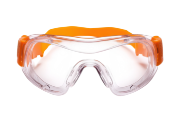 Protective safety goggles with orange straps ideal for various hazardous environments isolated on transparent background