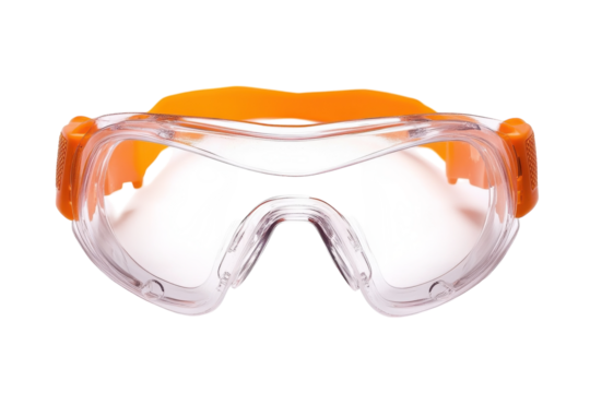 Protective safety goggles with orange straps ideal for various hazardous environments isolated on transparent background