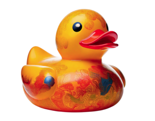 A vibrant, intricately designed rubber duck, showcasing swirling orange and blue patterns.