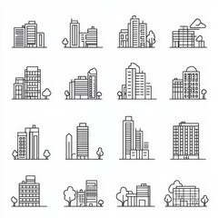 Cities and city buildings, a set of icons in a linear design. Urban cityscape, office and apartment buildings. lines with editable stroke