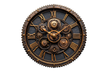 Steampunk inspired clock featuring intricate Isolated on White and Transparent Background PNG Image.